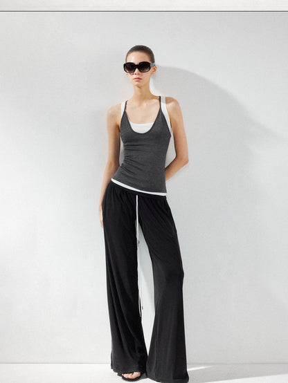 kvkv Deep Gray Contrast Faux Two Piece U Neck Women&