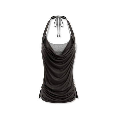 kvkv_Deep_Gray_Ruched_Cowl_Neck_Button_Slit_Vintage_Women&