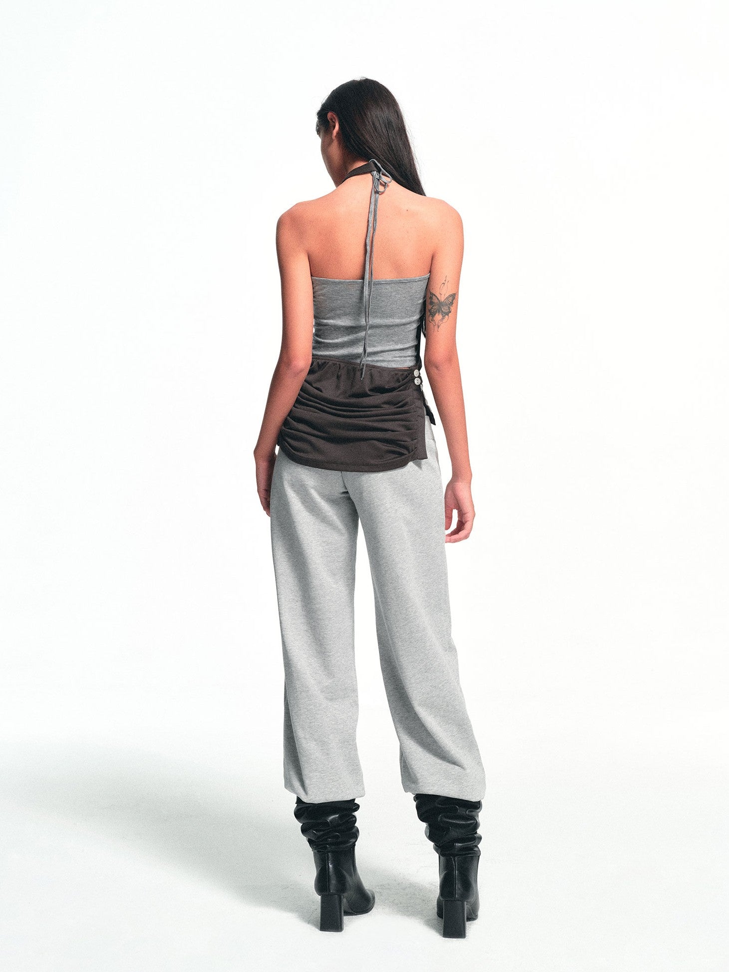 kvkv Deep Gray Ruched Cowl Neck Button Slit Vintage Women&