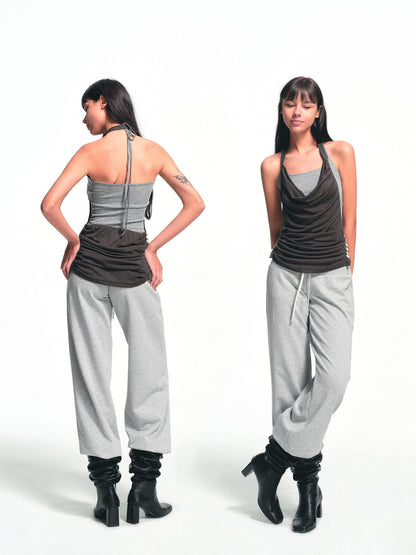 kvkv Deep Gray Ruched Cowl Neck Button Slit Vintage Women&