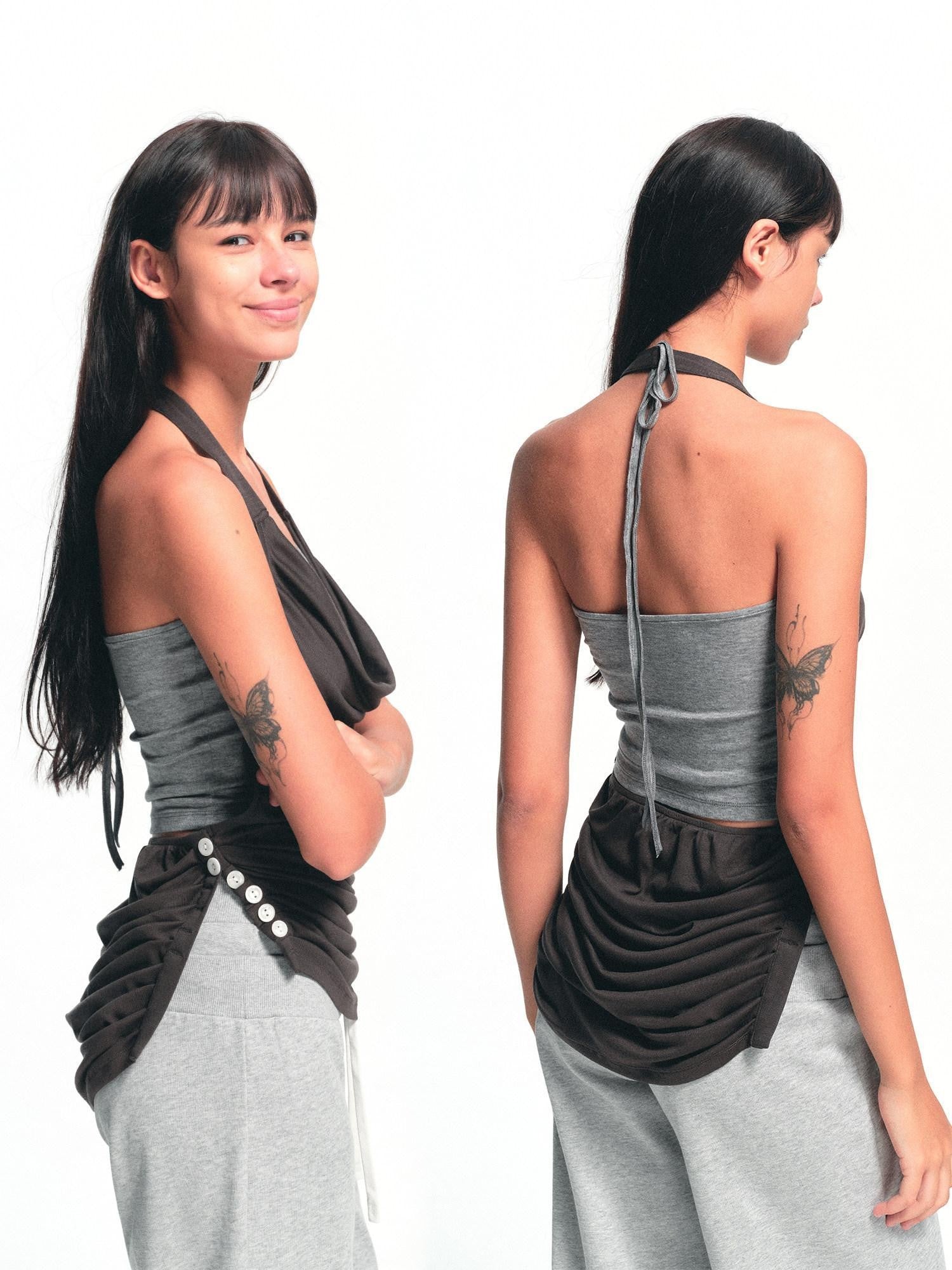 kvkv Deep Gray Ruched Cowl Neck Button Slit Vintage Women&