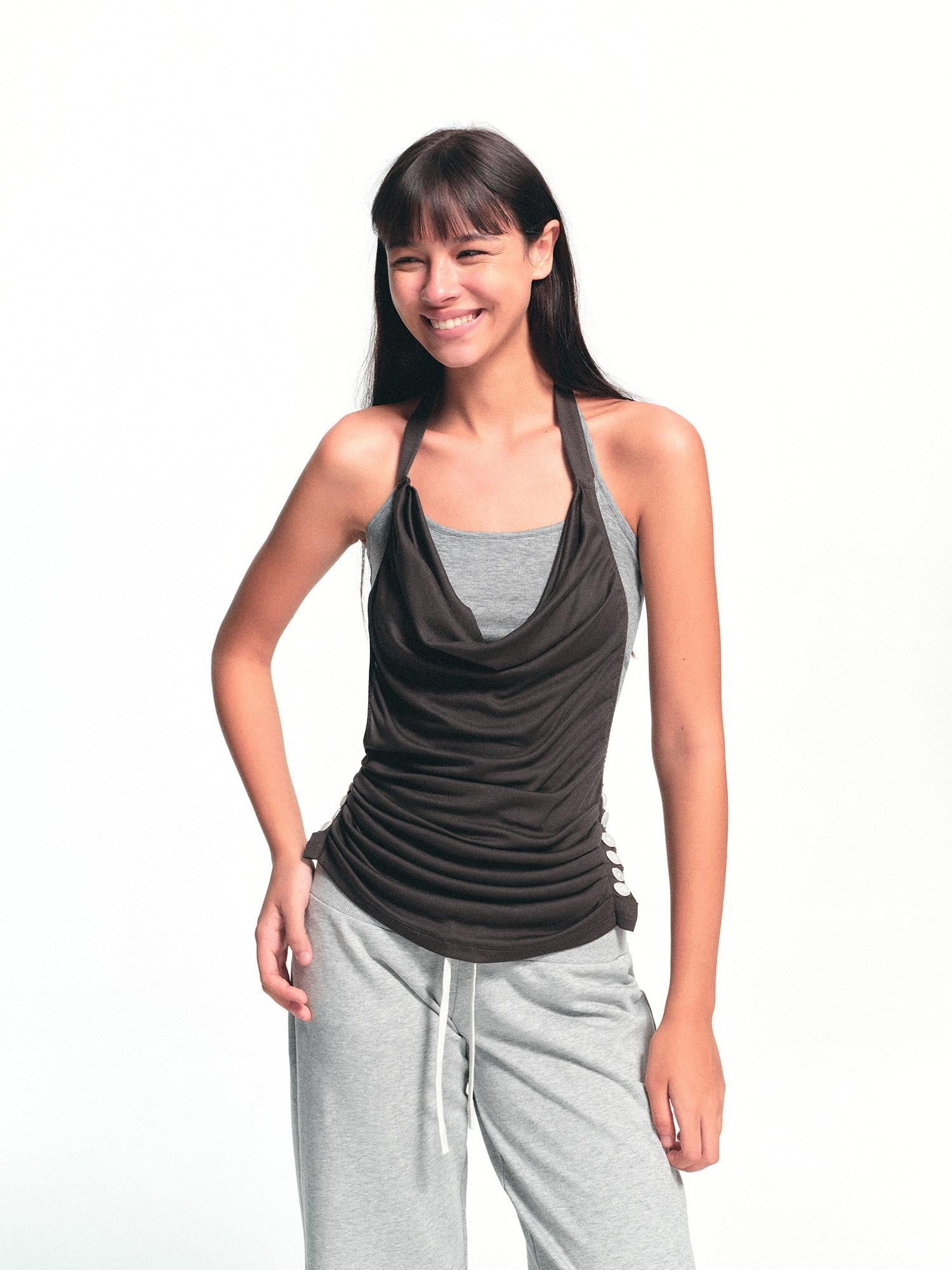 kvkv Deep Gray Ruched Cowl Neck Button Slit Vintage Women&