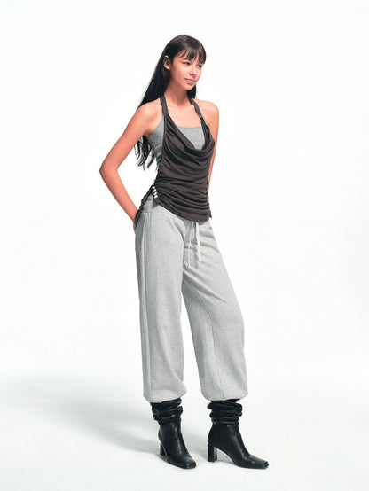 kvkv Deep Gray Ruched Cowl Neck Button Slit Vintage Women&