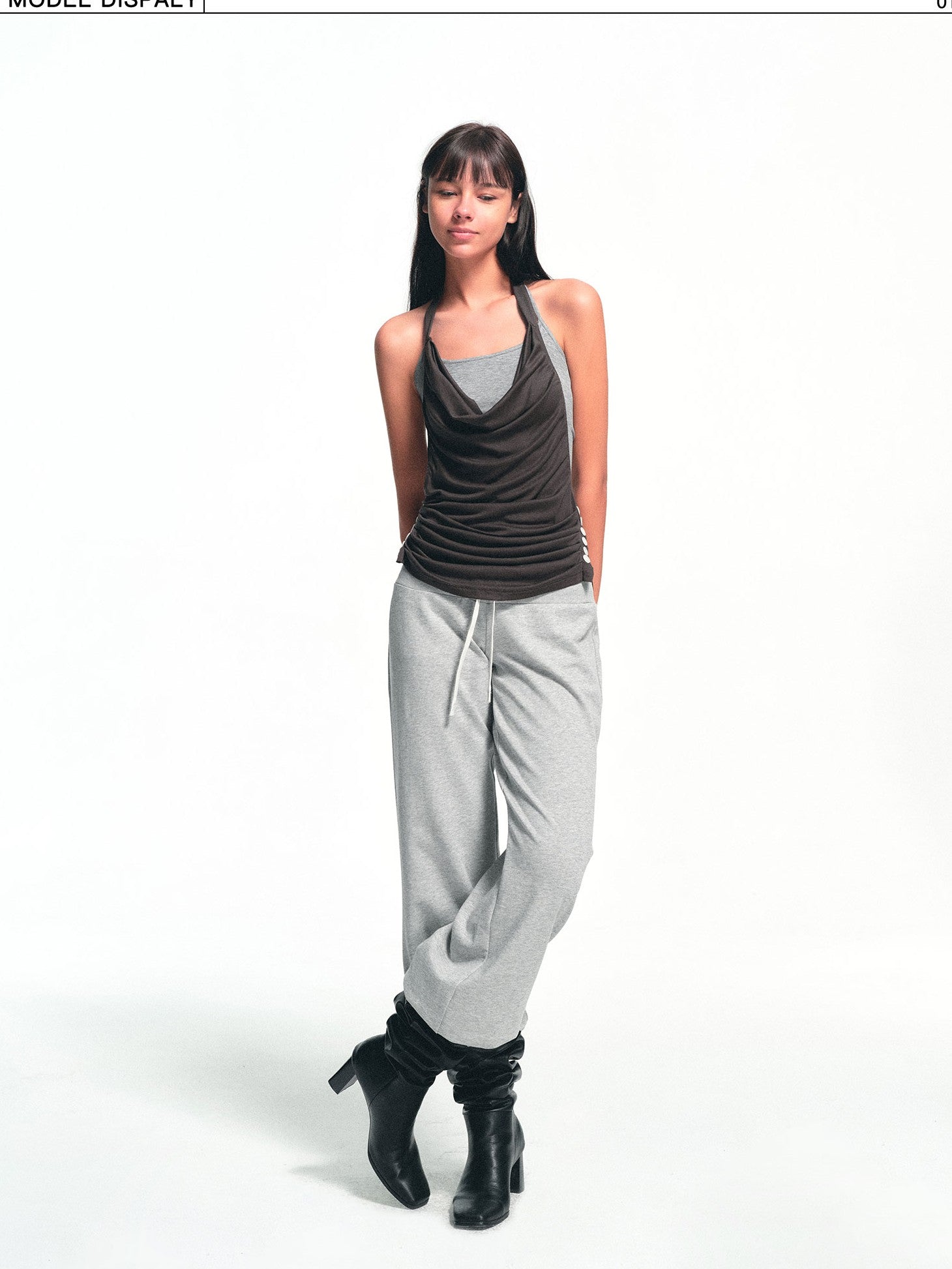 kvkv Deep Gray Ruched Cowl Neck Button Slit Vintage Women&