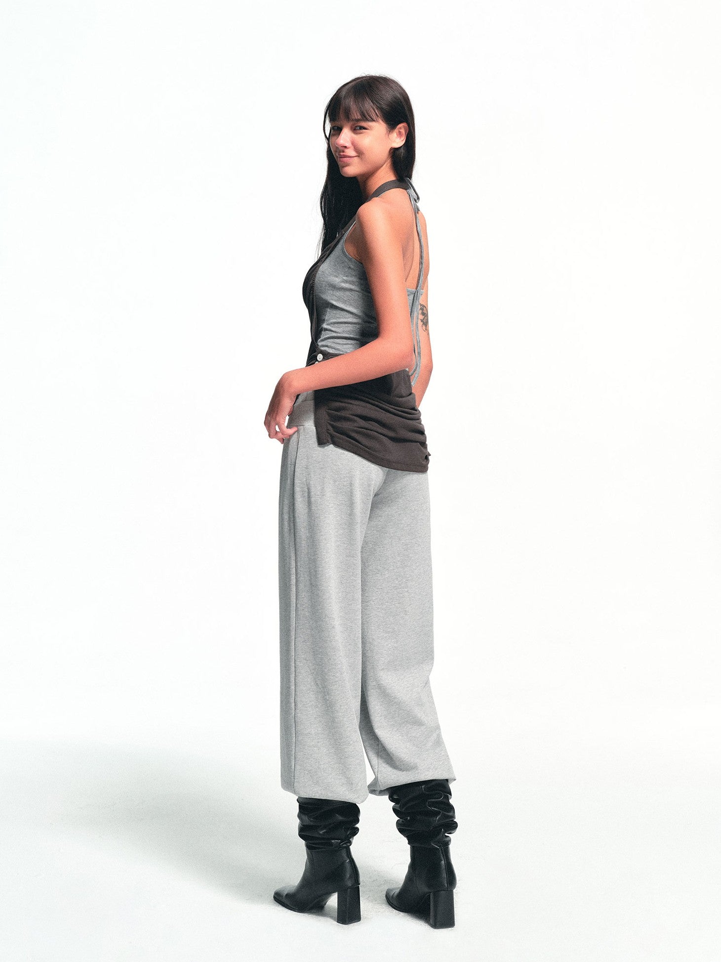 kvkv Deep Gray Ruched Cowl Neck Button Slit Vintage Women&