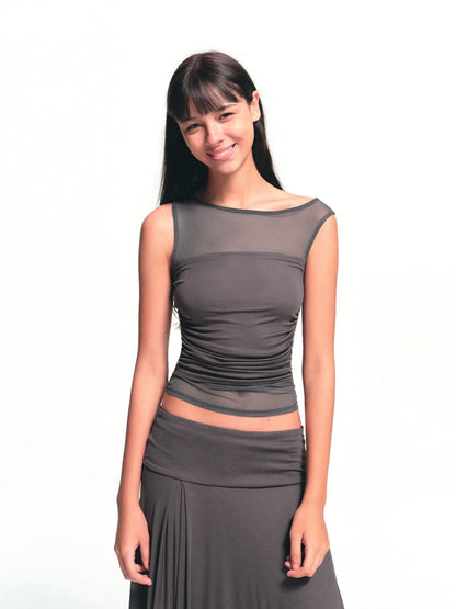 kvkv Deep Gray Spliced Mesh Faux Two Asymmetric Shoulder Women&