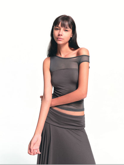 kvkv Deep Gray Spliced Mesh Faux Two Asymmetric Shoulder Women&