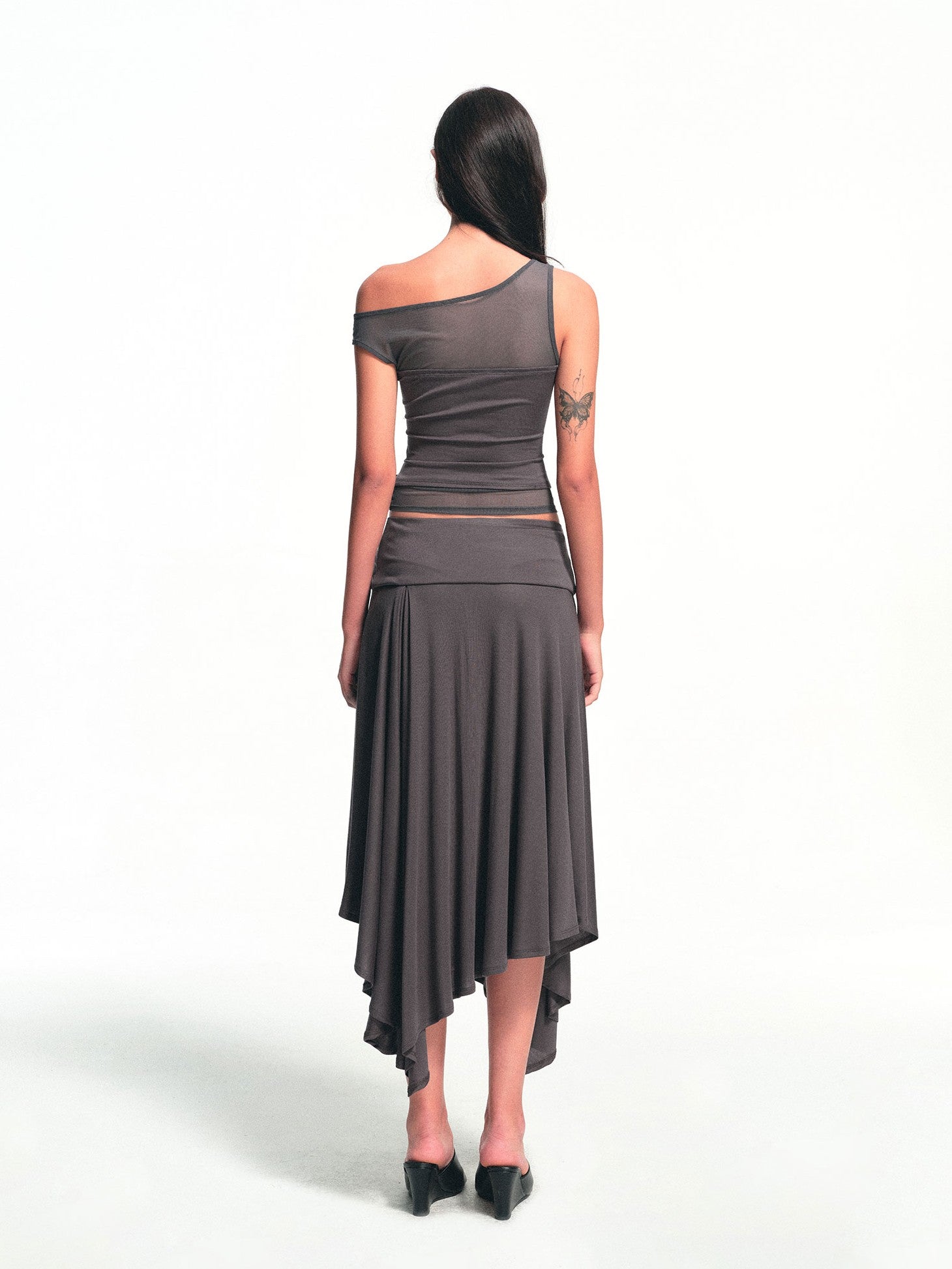 kvkv Deep Gray Spliced Mesh Faux Two Asymmetric Shoulder Women&