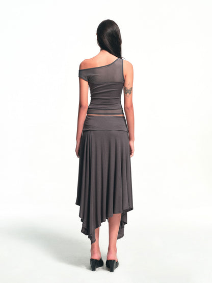 kvkv Deep Gray Spliced Mesh Faux Two Asymmetric Shoulder Women&