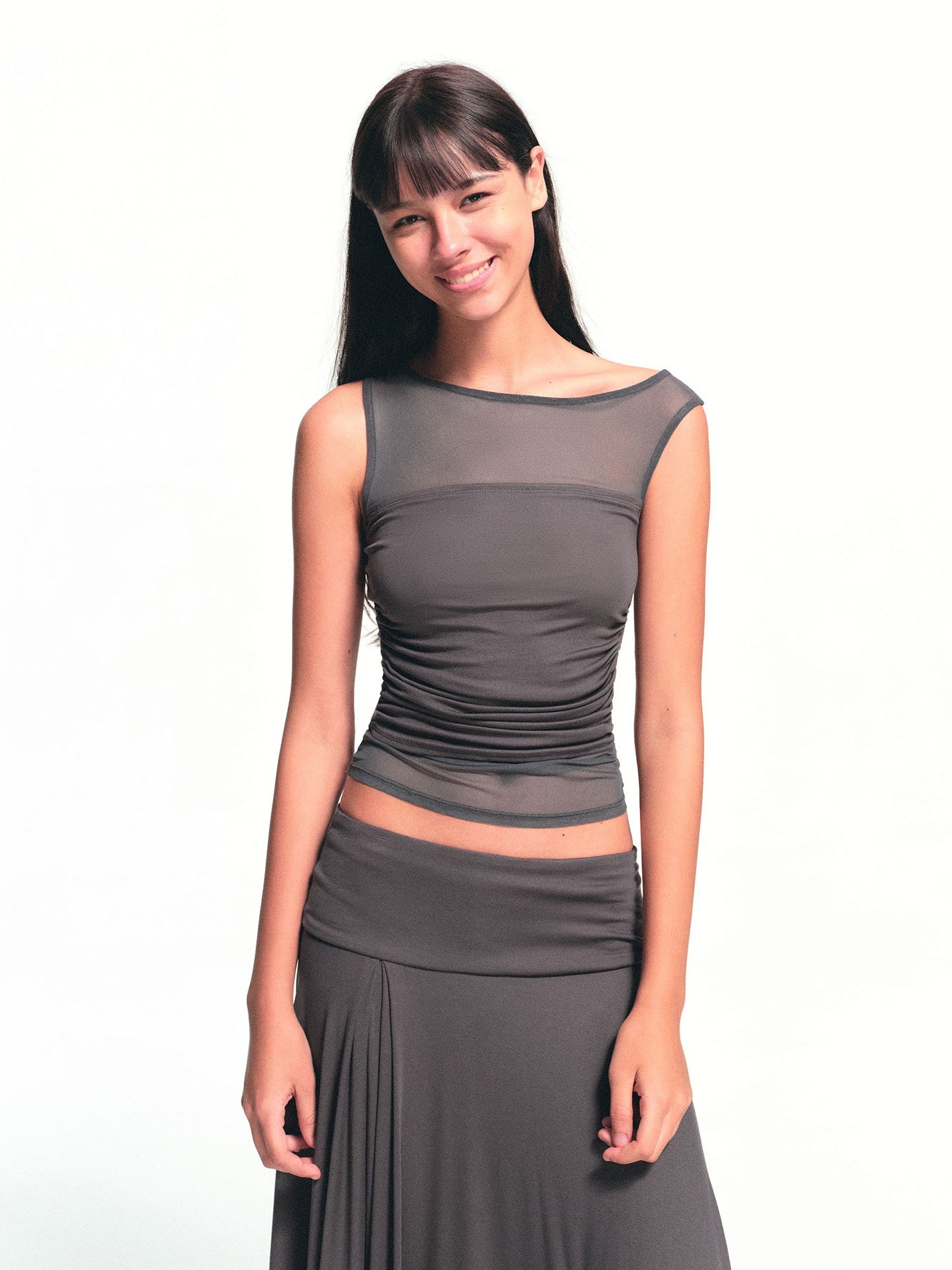 kvkv Deep Gray Spliced Mesh Faux Two Asymmetric Shoulder Women&