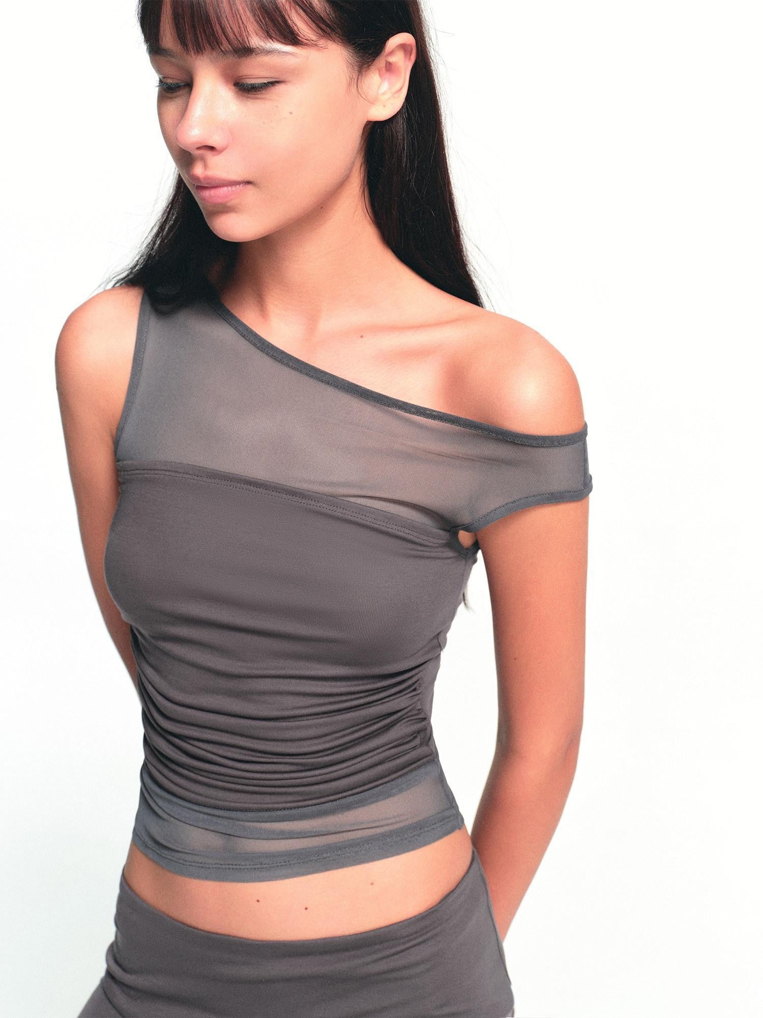 kvkv Deep Gray Spliced Mesh Faux Two Asymmetric Shoulder Women&