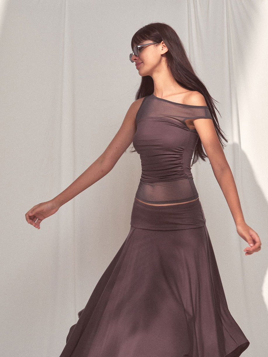 kvkv Deep Gray Spliced Mesh Faux Two Asymmetric Shoulder Women&
