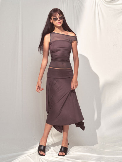 kvkv Deep Gray Spliced Mesh Faux Two Asymmetric Shoulder Women&