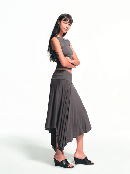 kvkv Deep Gray Spliced Mesh Faux Two Asymmetric Shoulder Women&
