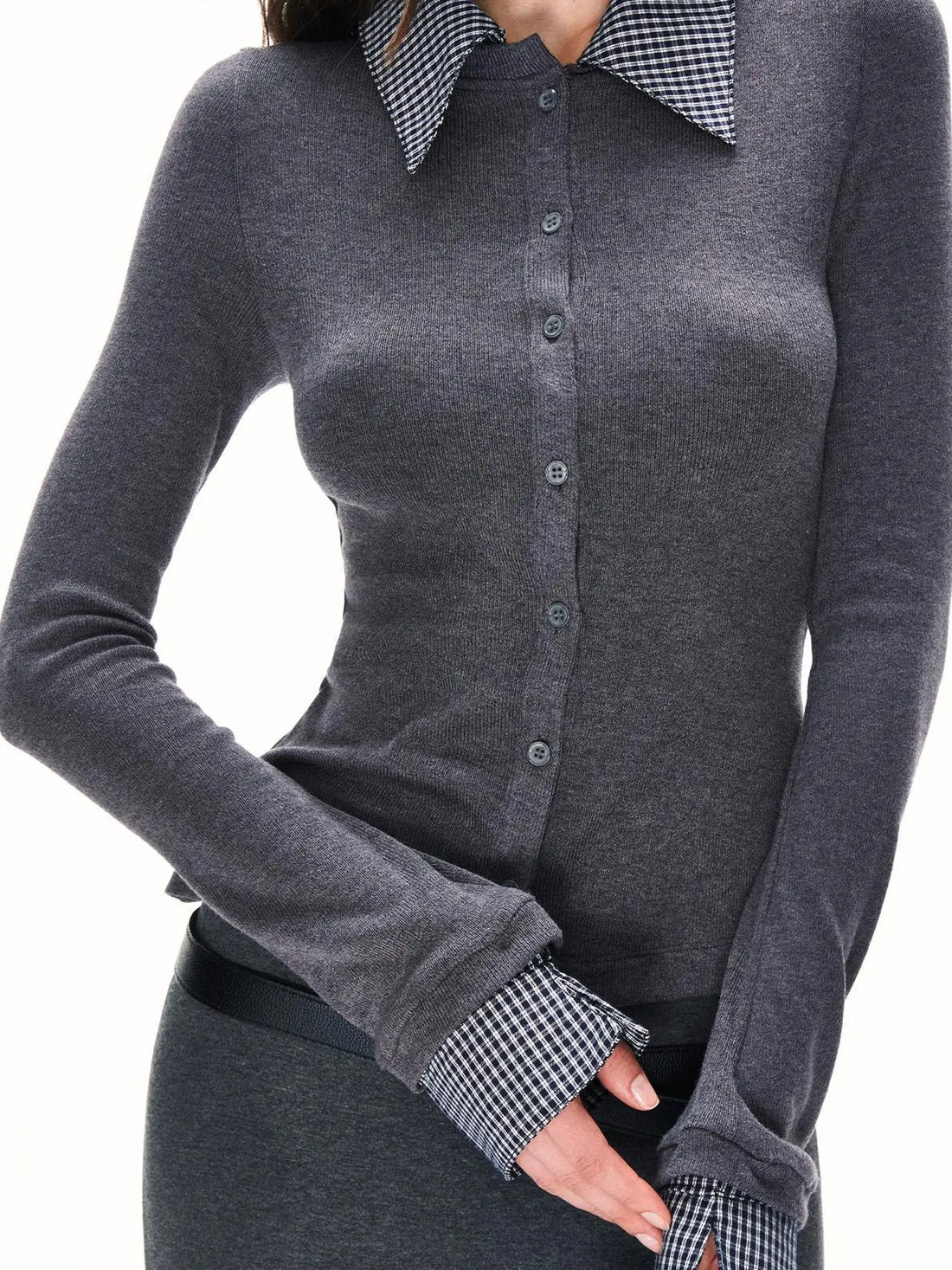 kvkv Detachable Collar Plaid Knit Shirt Cardigan