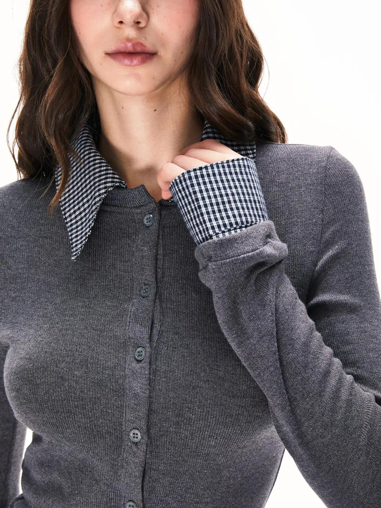 kvkv Detachable Collar Plaid Knit Shirt Cardigan