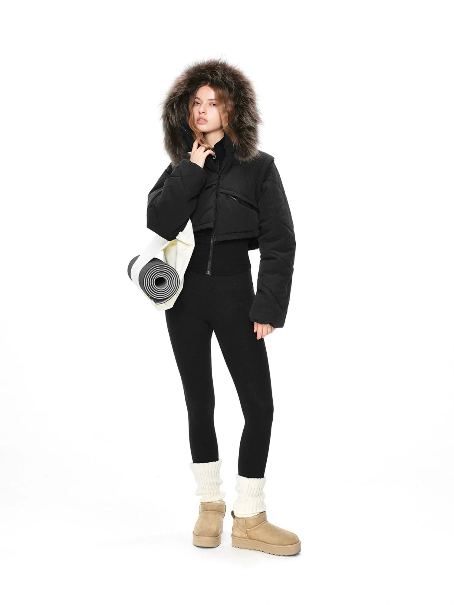 kvkv Detachable Faux Fur Hood Quilted Waist Snatcher Puffer Jacket