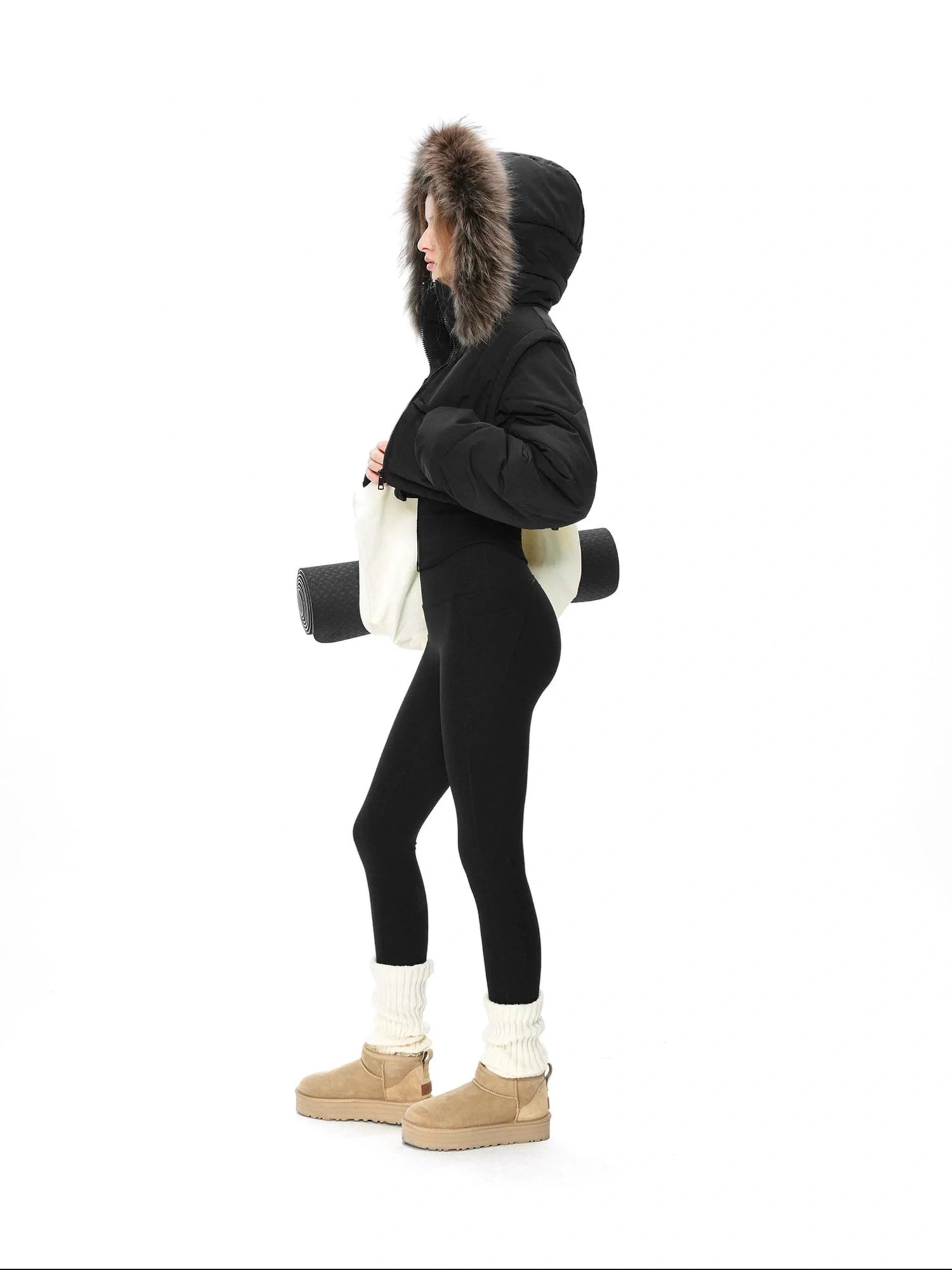 kvkv Detachable Faux Fur Hood Quilted Waist Snatcher Puffer Jacket