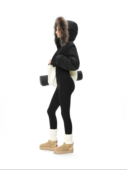 kvkv Detachable Faux Fur Hood Quilted Waist Snatcher Puffer Jacket