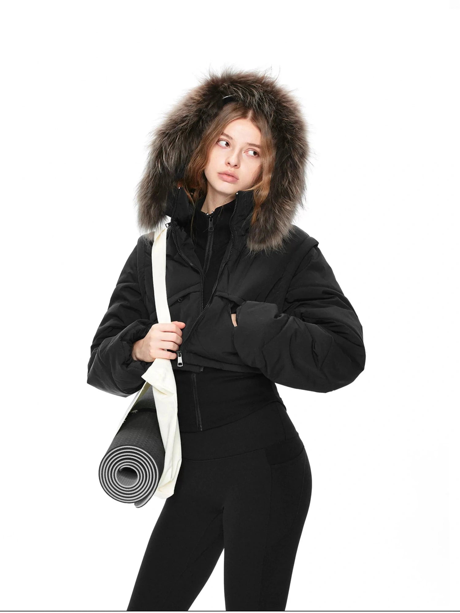 kvkv Detachable Faux Fur Hood Quilted Waist Snatcher Puffer Jacket