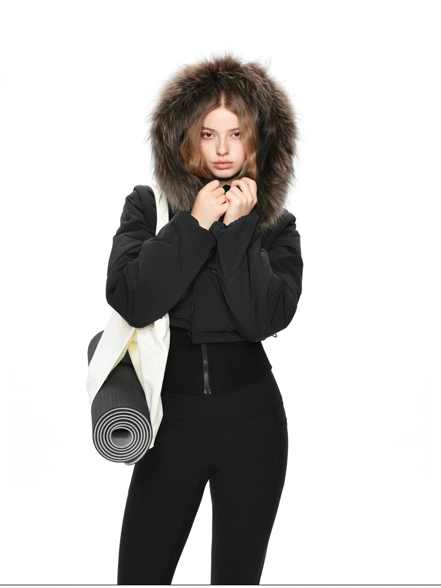 kvkv Detachable Faux Fur Hood Quilted Waist Snatcher Puffer Jacket