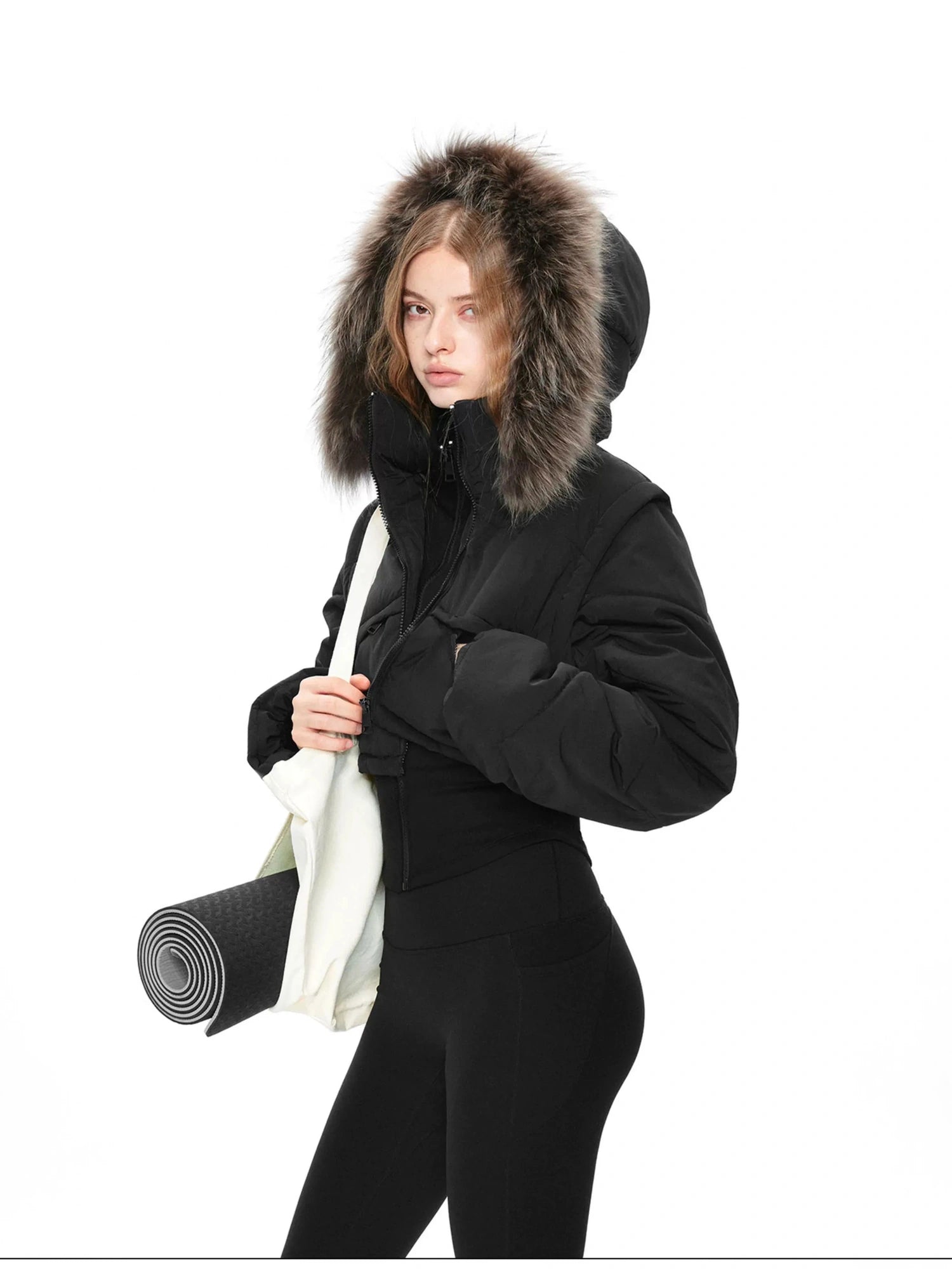 kvkv Detachable Faux Fur Hood Quilted Waist Snatcher Puffer Jacket