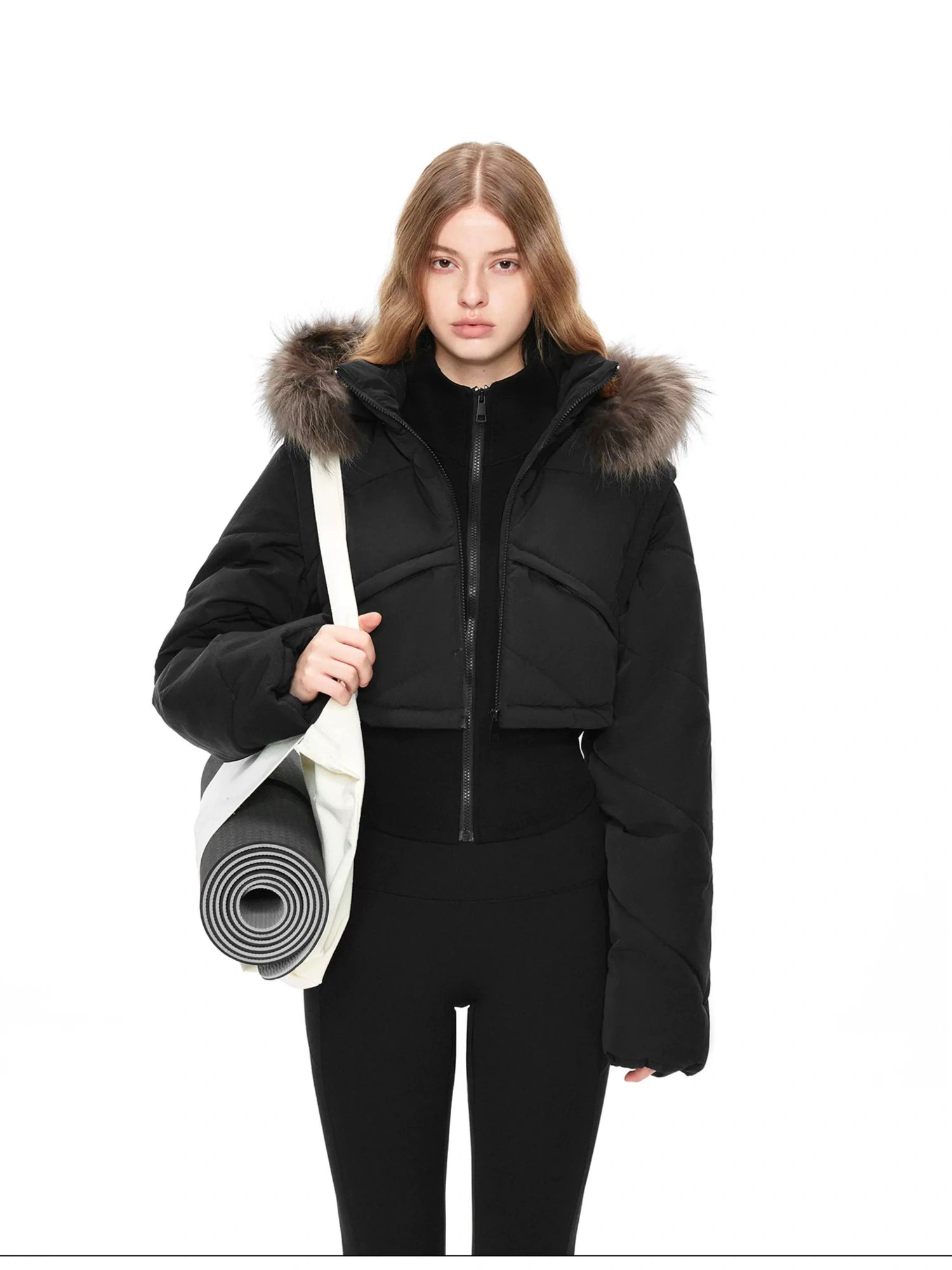 kvkv Detachable Faux Fur Hood Quilted Waist Snatcher Puffer Jacket