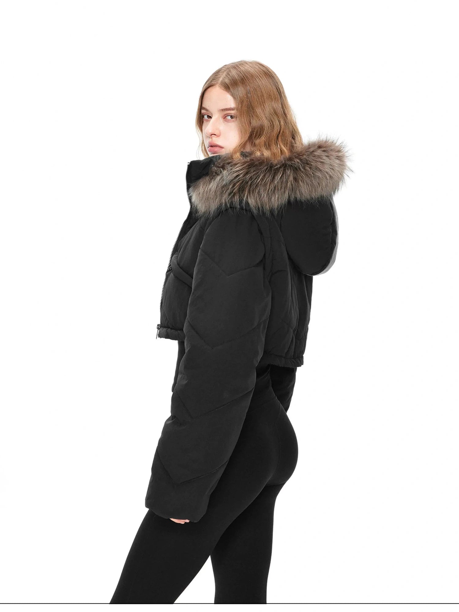 kvkv Detachable Faux Fur Hood Quilted Waist Snatcher Puffer Jacket