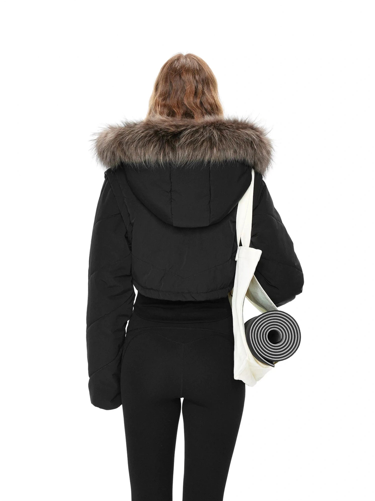 kvkv Detachable Faux Fur Hood Quilted Waist Snatcher Puffer Jacket
