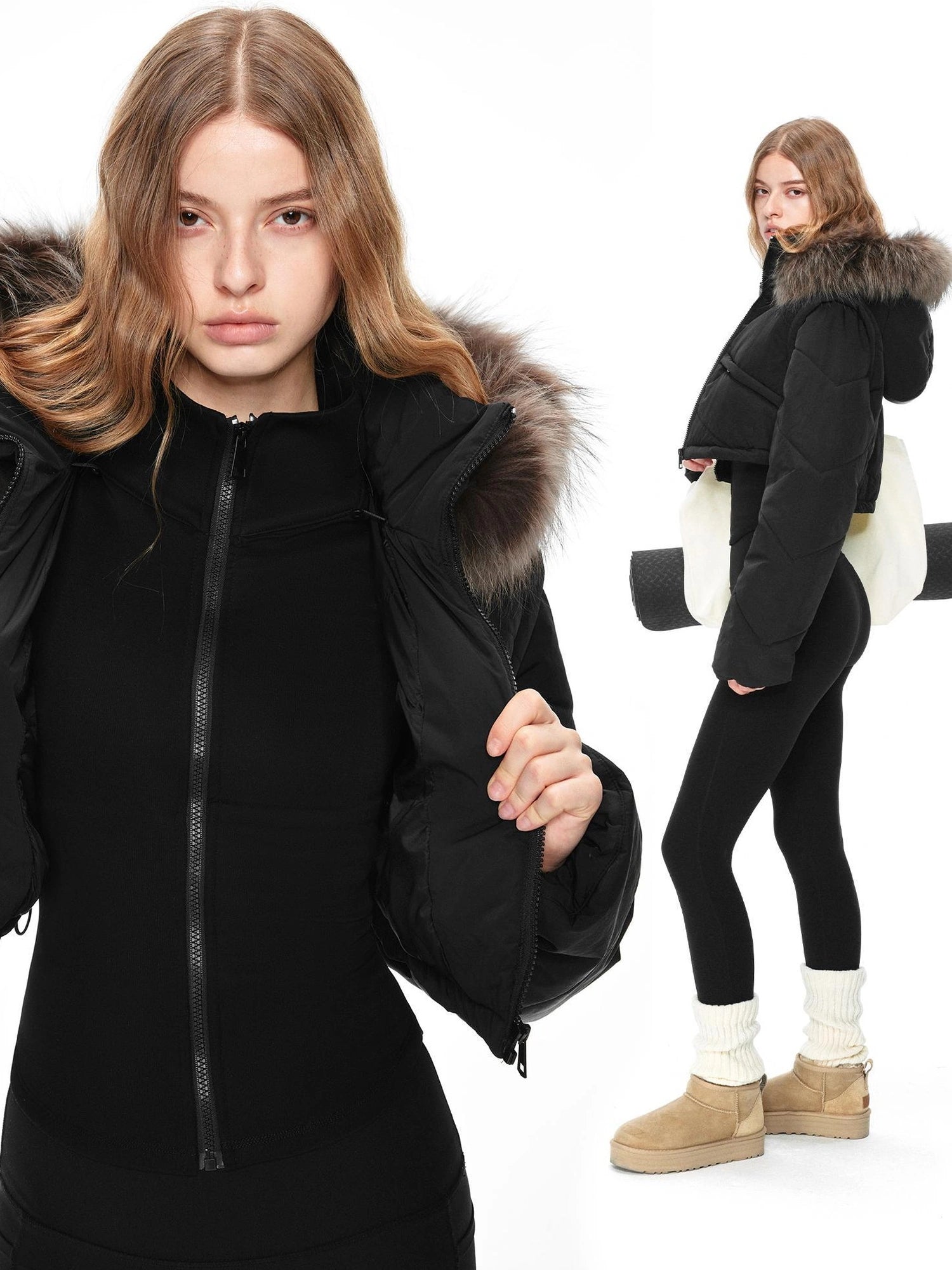 kvkv Detachable Faux Fur Hood Quilted Waist Snatcher Puffer Jacket