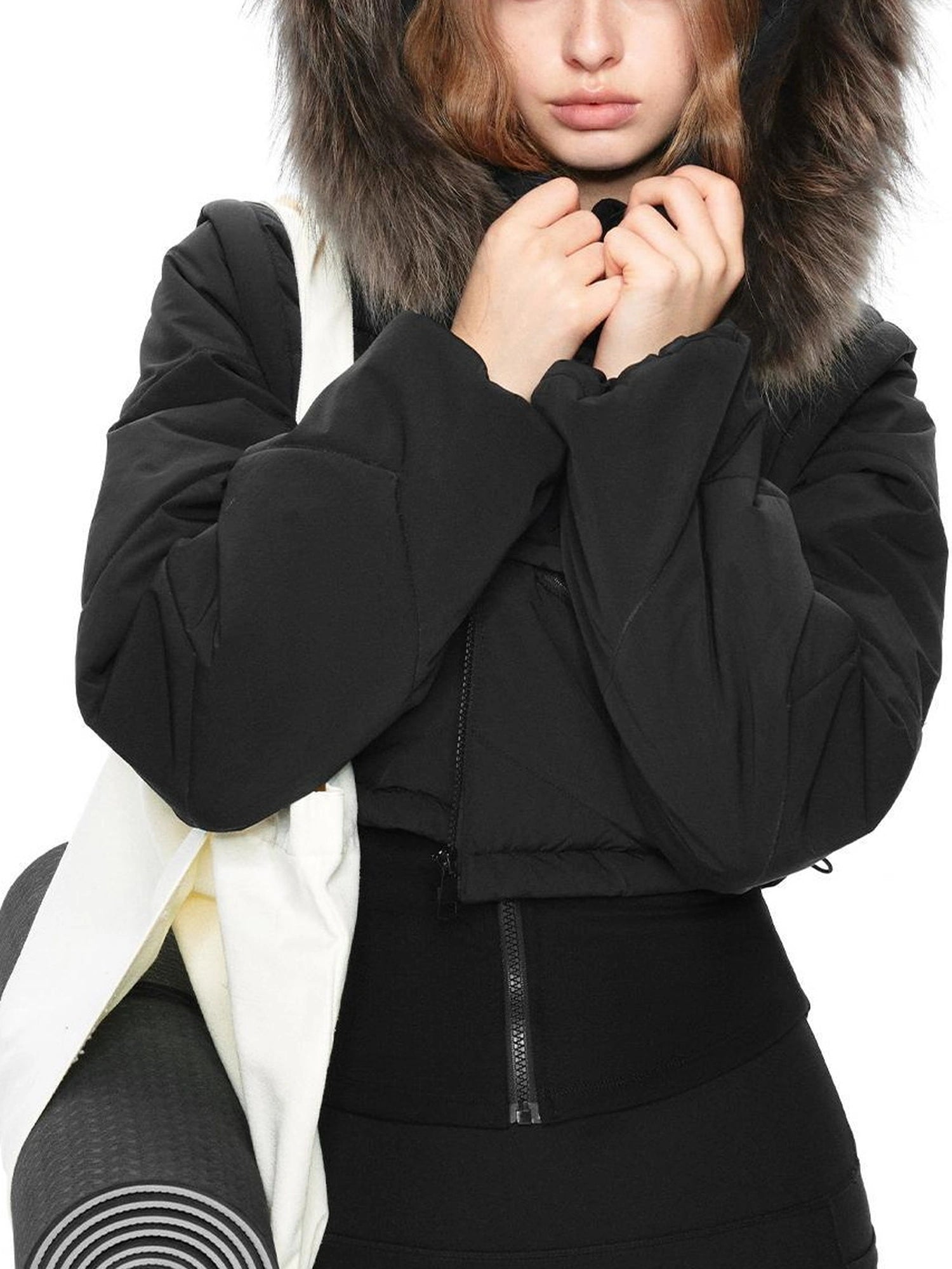 kvkv Detachable Faux Fur Hood Quilted Waist Snatcher Puffer Jacket