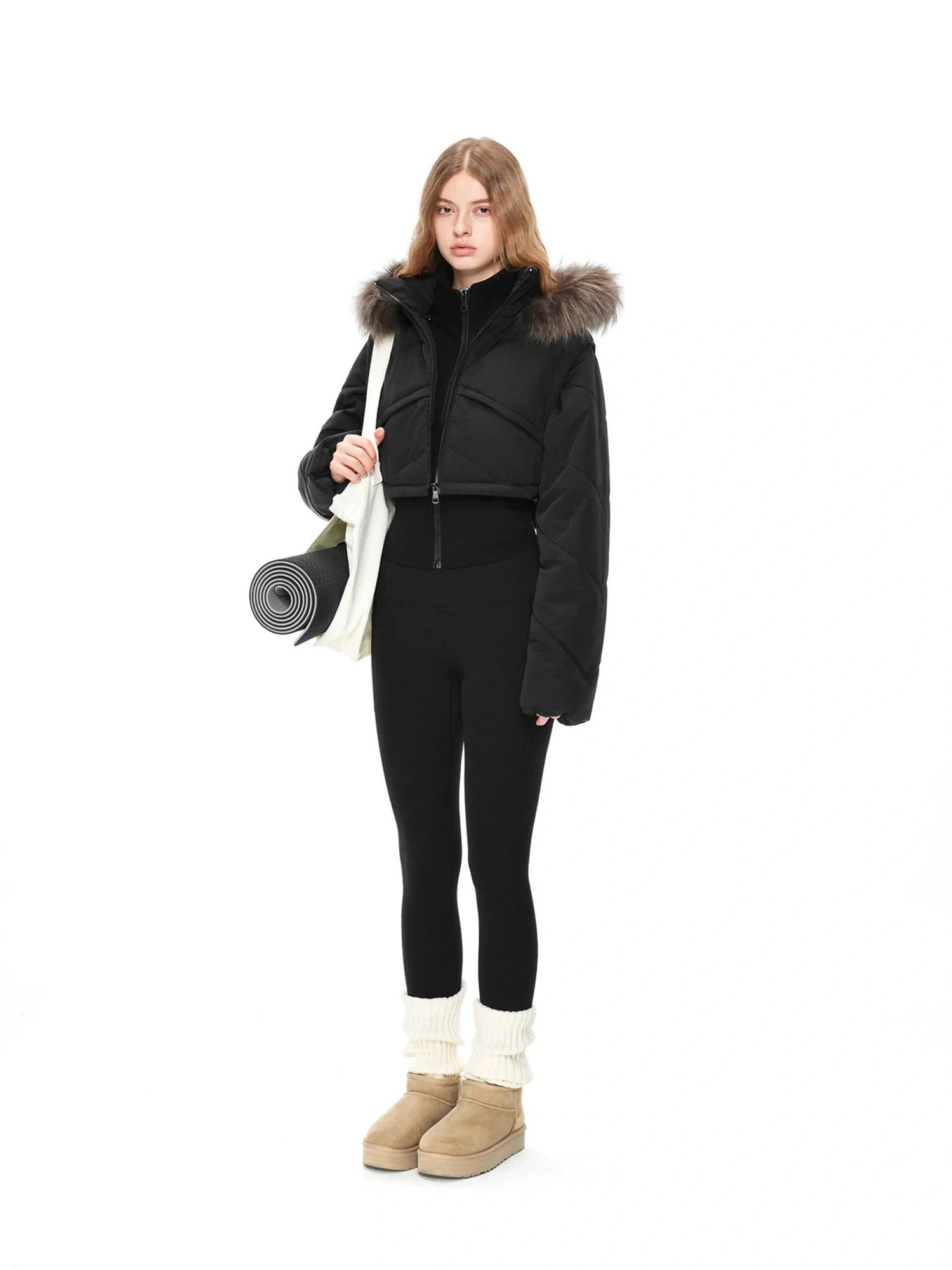 kvkv Detachable Faux Fur Hood Quilted Waist Snatcher Puffer Jacket