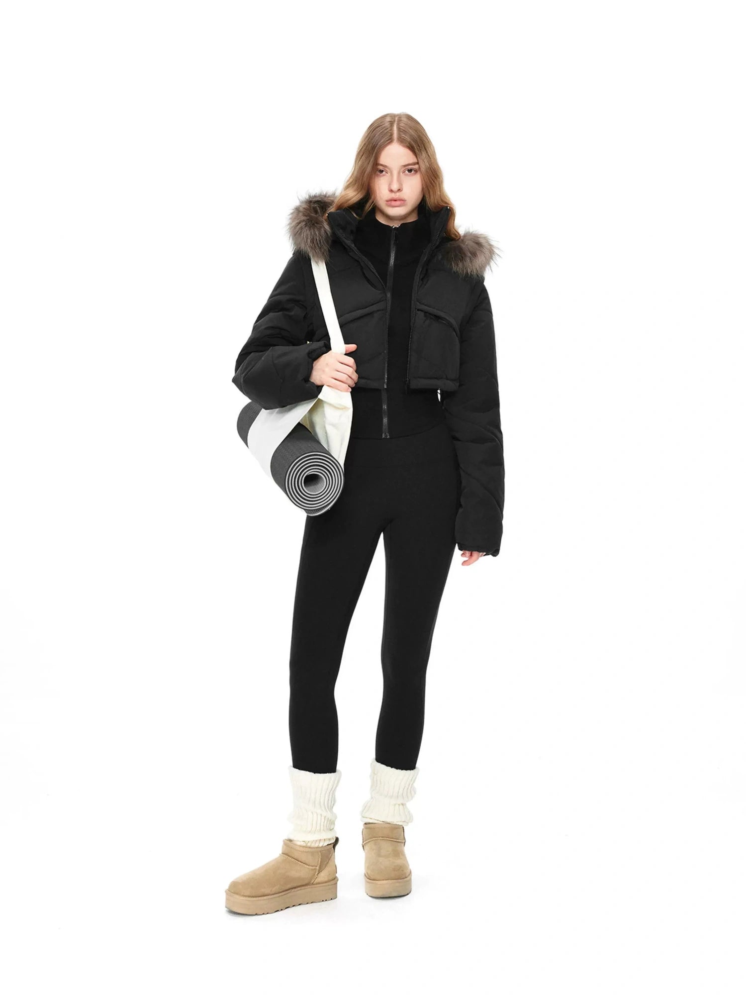 kvkv Detachable Faux Fur Hood Quilted Waist Snatcher Puffer Jacket