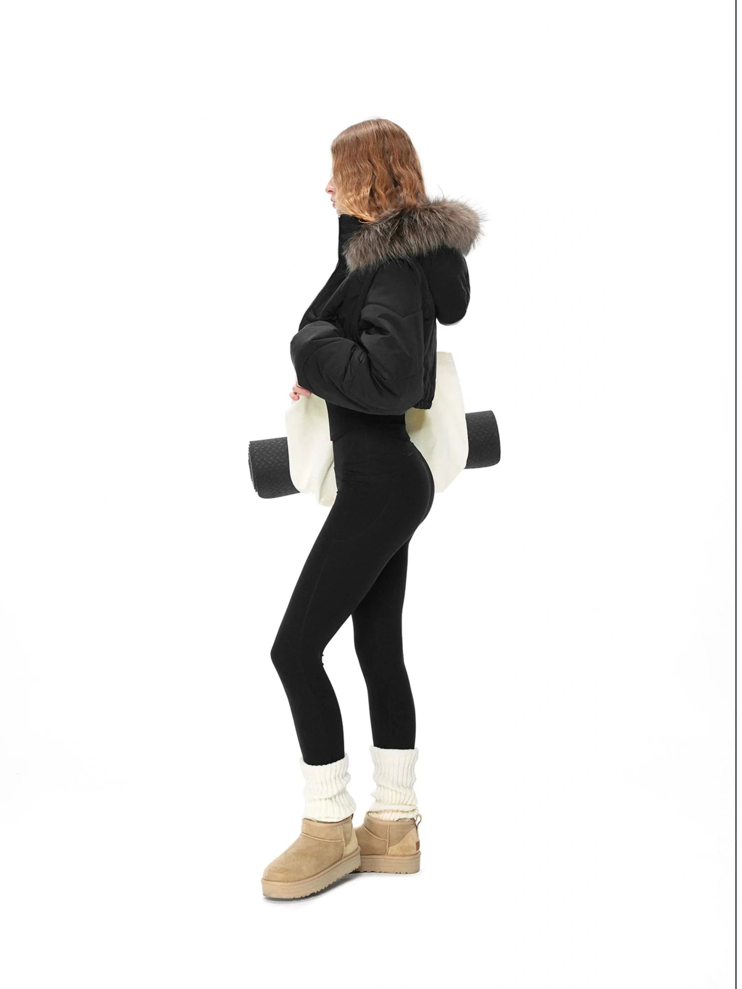 kvkv Detachable Faux Fur Hood Quilted Waist Snatcher Puffer Jacket