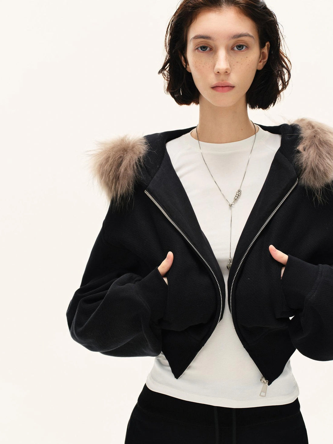 kvkv Detachable Faux Fur Hooded Zip Up Jacket