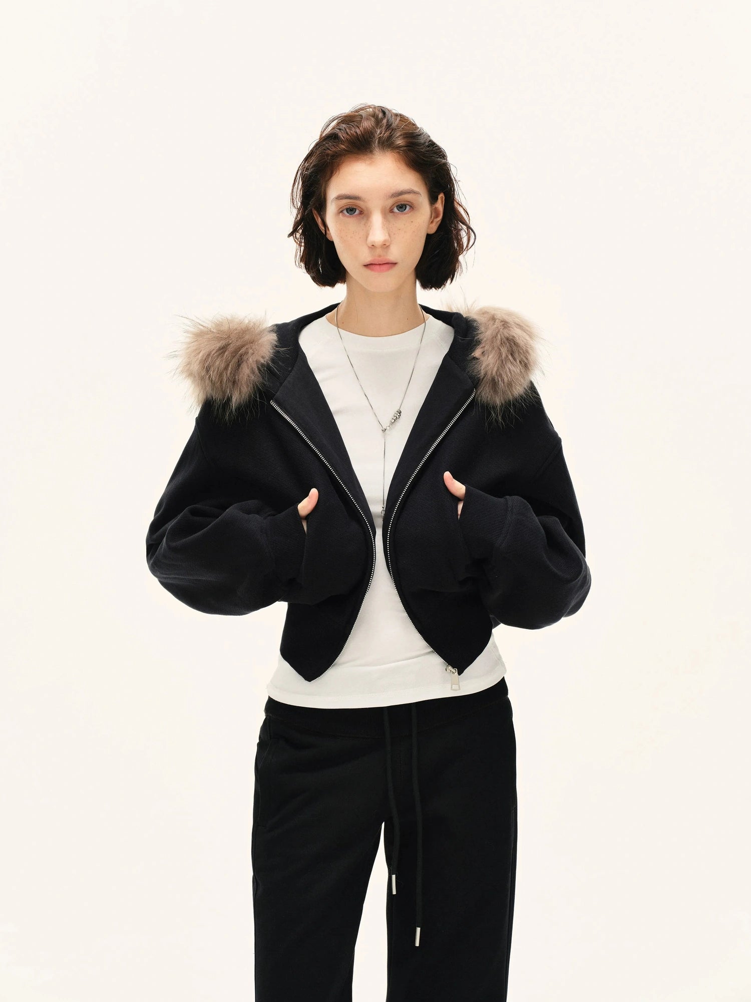 kvkv Detachable Faux Fur Hooded Zip Up Jacket
