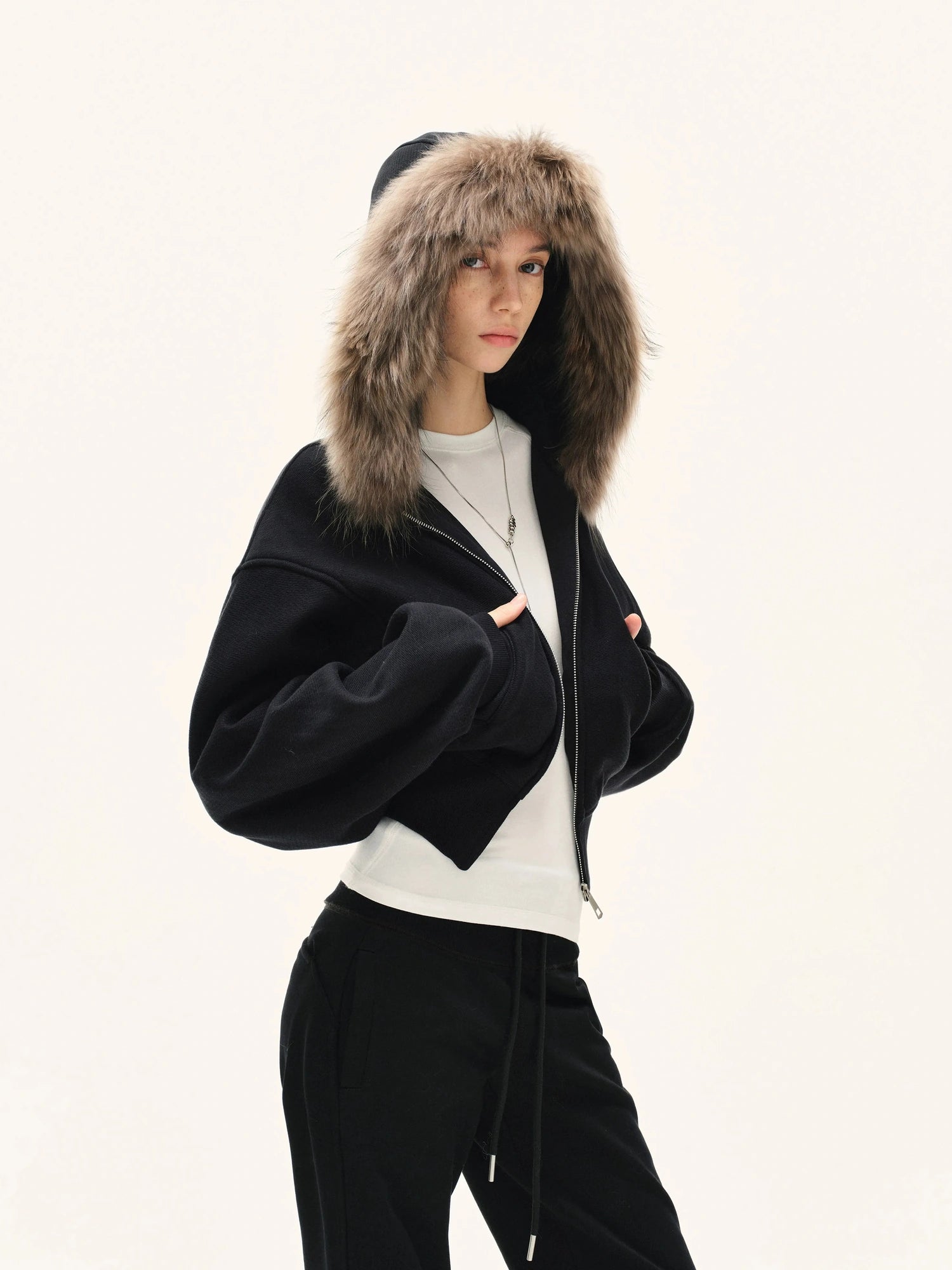 kvkv Detachable Faux Fur Hooded Zip Up Jacket