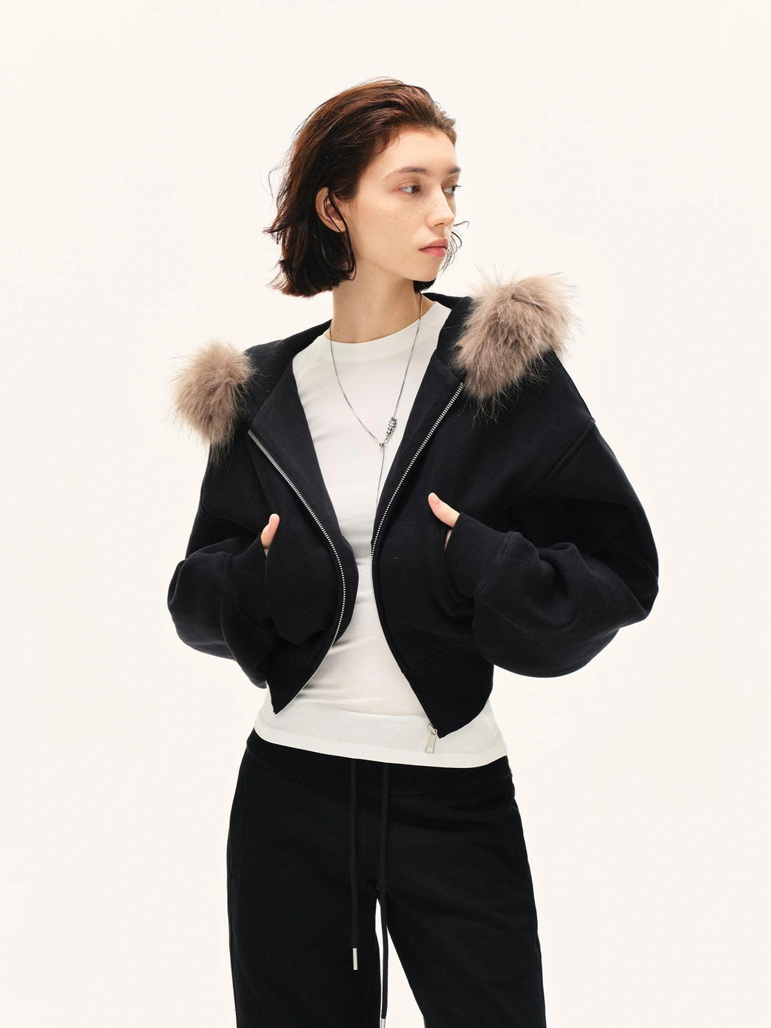 kvkv Detachable Faux Fur Hooded Zip Up Jacket