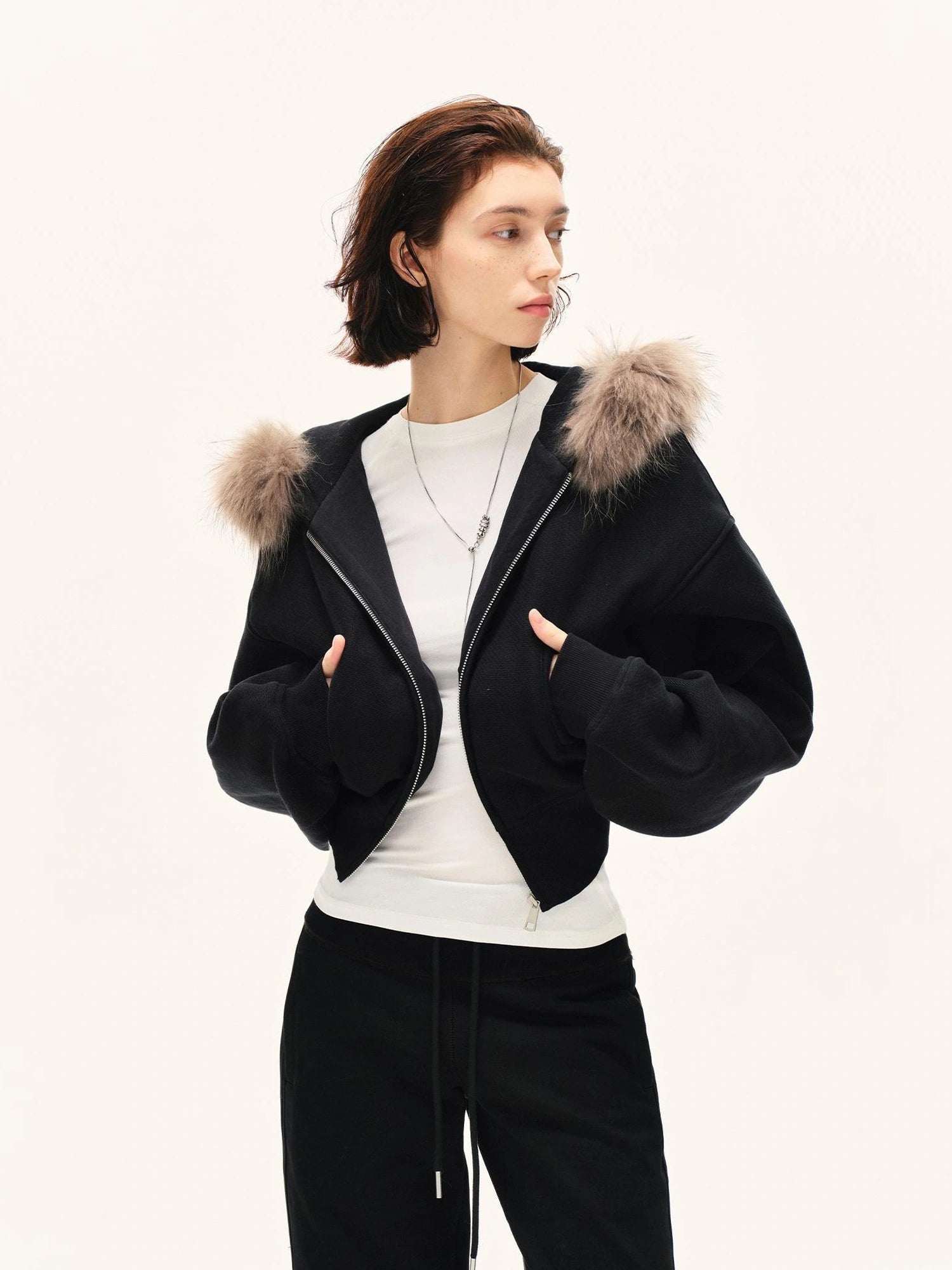 kvkv Detachable Faux Fur Hooded Zip Up Jacket
