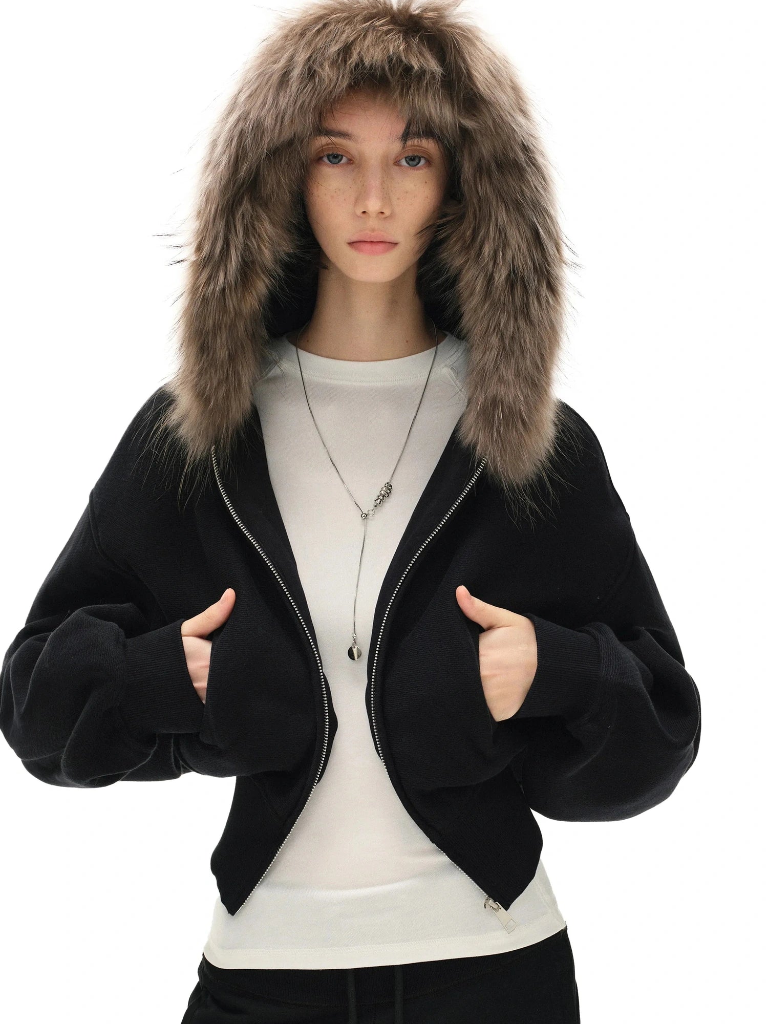 kvkv Detachable Faux Fur Hooded Zip Up Jacket
