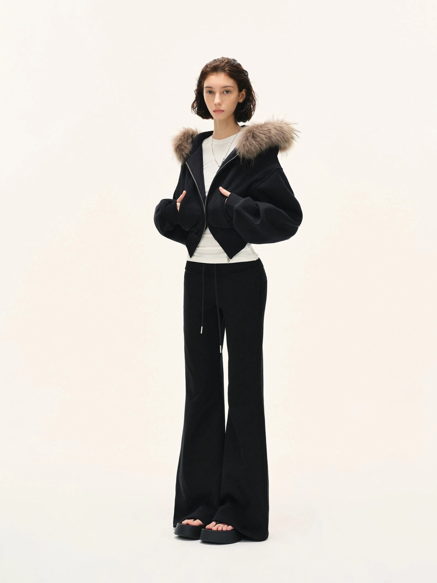 kvkv Detachable Faux Fur Hooded Zip Up Jacket