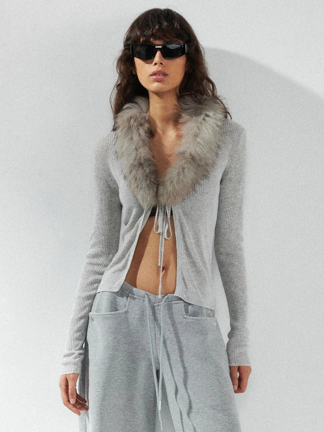 kvkv Detachable Fox Fur Collar Belted Knit Cardigan