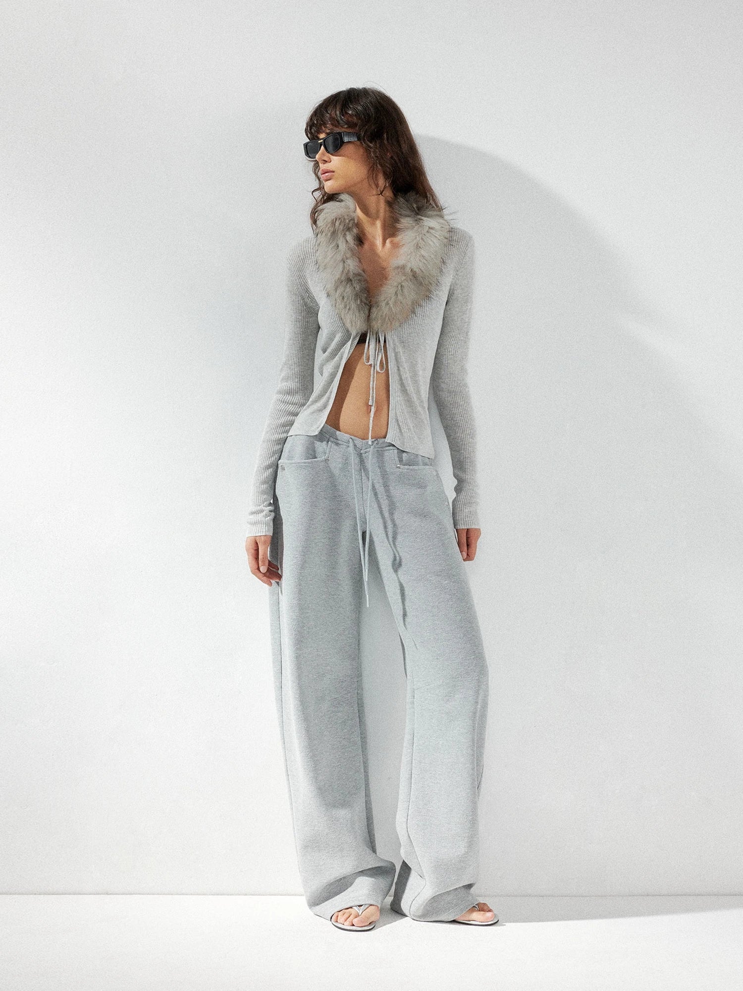 kvkv Detachable Fox Fur Collar Belted Knit Cardigan