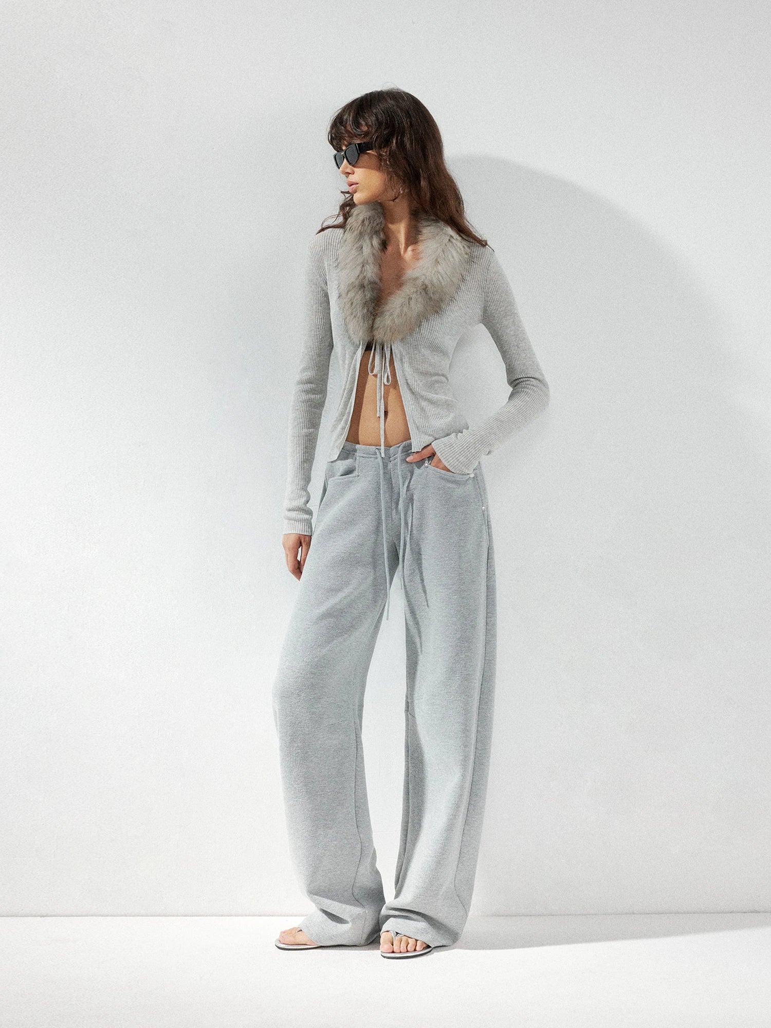 kvkv Detachable Fox Fur Collar Belted Knit Cardigan