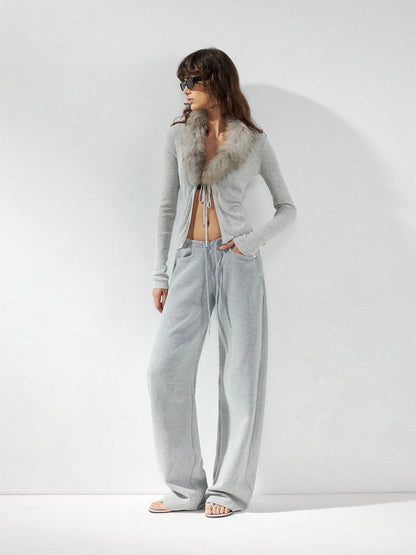 kvkv Detachable Fox Fur Collar Belted Knit Cardigan
