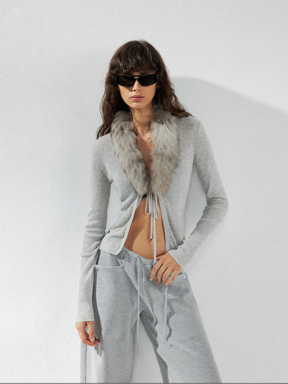kvkv Detachable Fox Fur Collar Belted Knit Cardigan