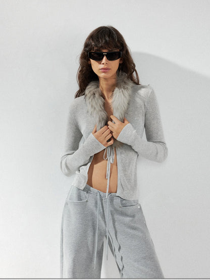 kvkv Detachable Fox Fur Collar Belted Knit Cardigan