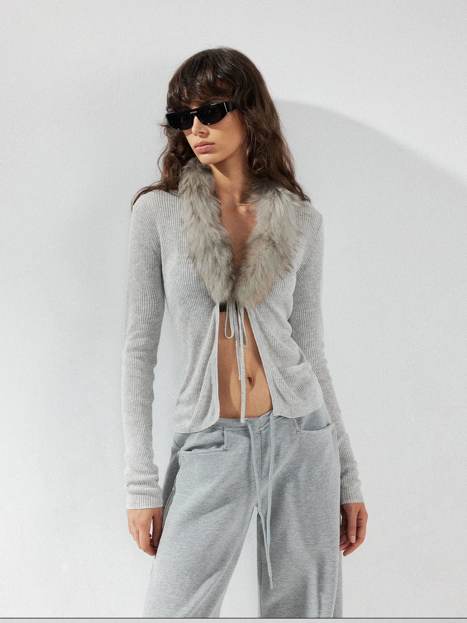 kvkv Detachable Fox Fur Collar Belted Knit Cardigan