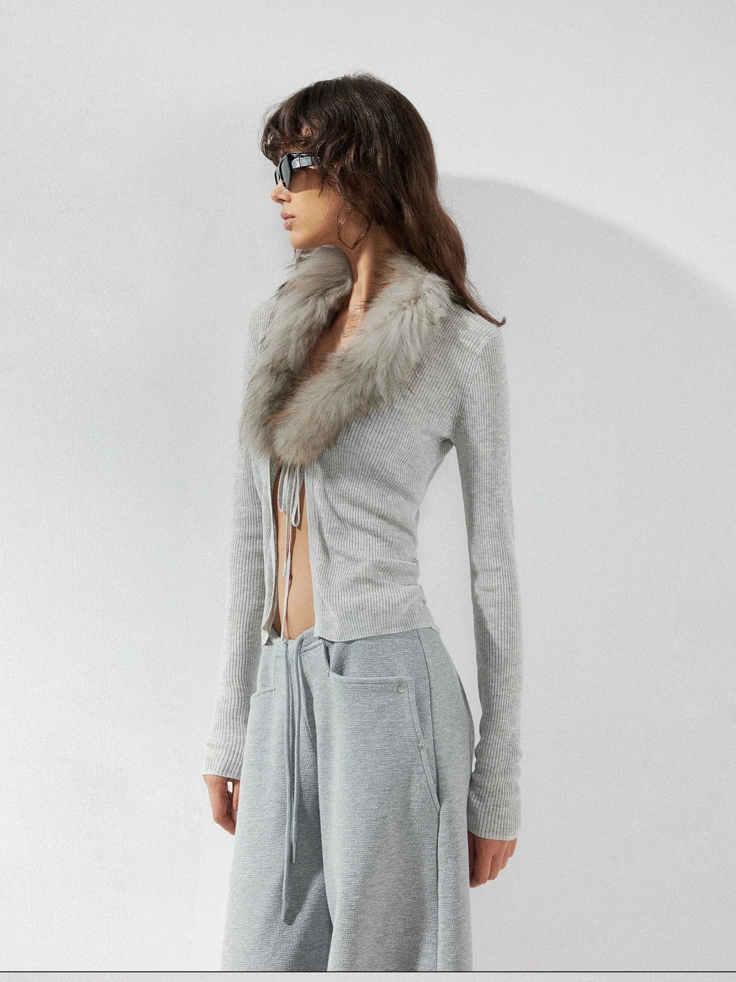 kvkv Detachable Fox Fur Collar Belted Knit Cardigan