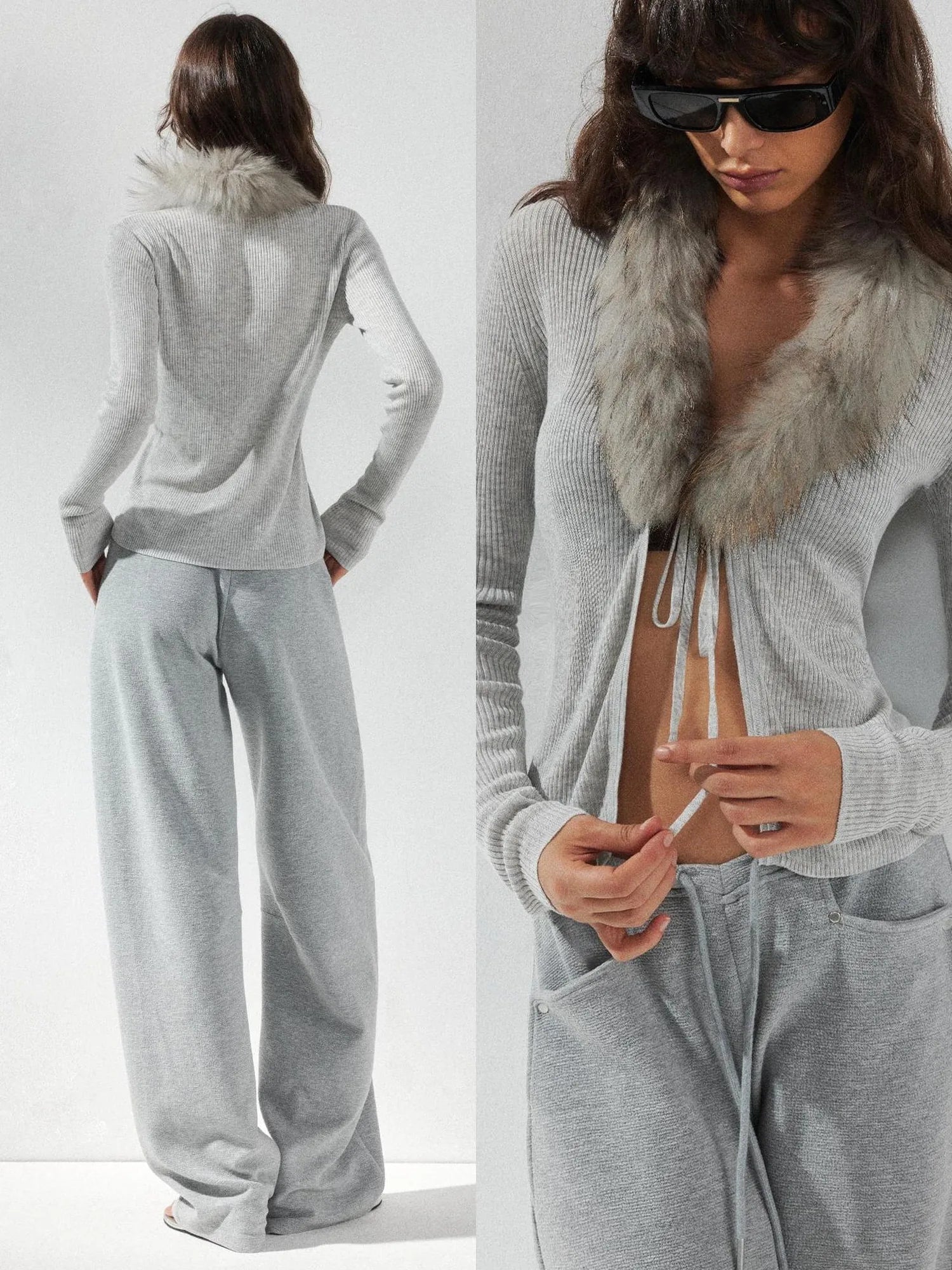 kvkv Detachable Fox Fur Collar Belted Knit Cardigan
